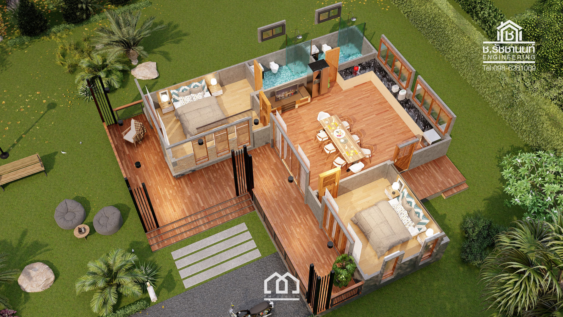 แปลนห้อง แบบบ้านชั้นเดียว-สไตล์โมเดิร์นลอฟท์ 2 ห้องนอน 2 ห้องน้ำ
