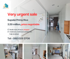 Very Urgent sale!! Price can be negotiated!! Supalai Prima Riva, 33rd floor, very good view, cool breeze, can see Chao Phraya clearly.